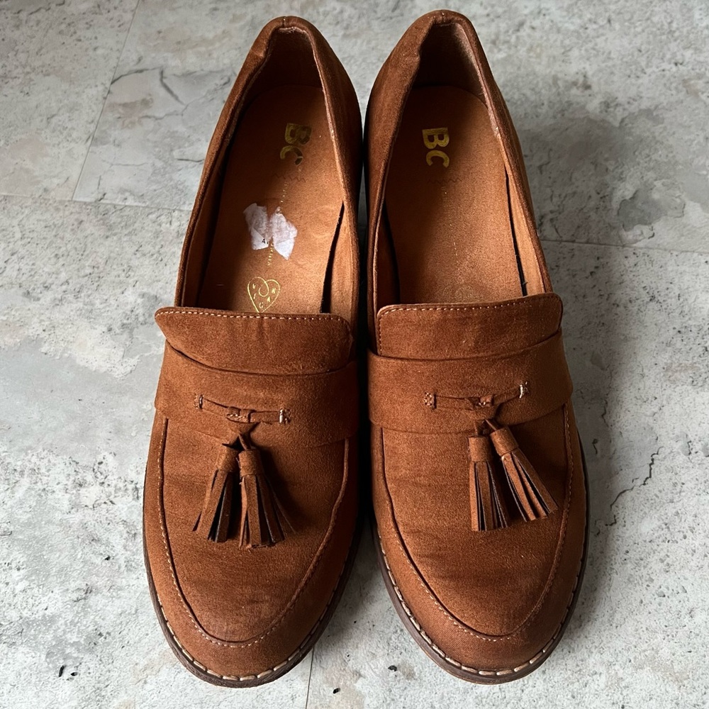 bc footwear | brown suede block heel tassel loafers